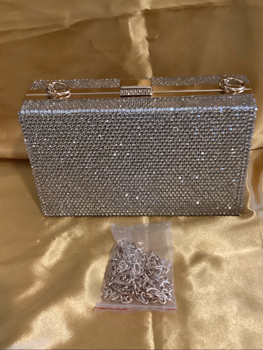 Silver Crystal-Embellished Evening Clutch with Chain Strap